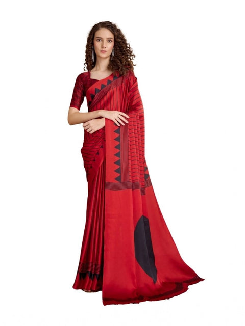 Women's Satin Crepe Printed Saree With Unstitched Blouse 5.5Mtr (Red)