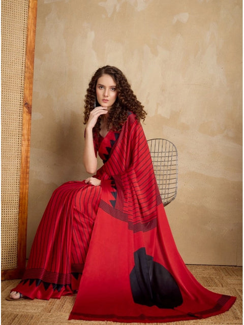 Women's Satin Crepe Printed Saree With Unstitched Blouse 5.5Mtr (Red)