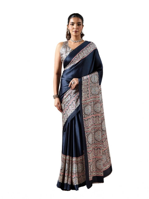 Women's Satin Crepe Printed Saree With Unstitched Blouse 5.5Mtr (Navy Blue)