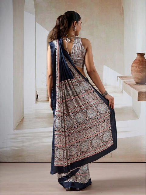 Women's Satin Crepe Printed Saree With Unstitched Blouse 5.5Mtr (Navy Blue)