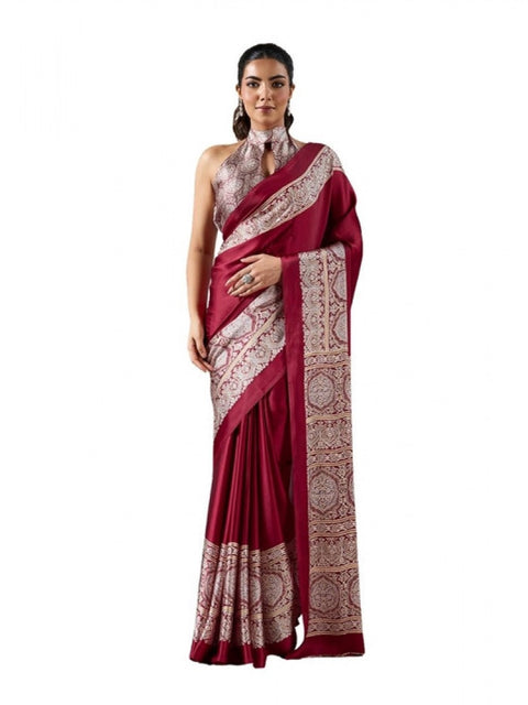 Women's Satin Crepe Printed Saree With Unstitched Blouse 5.5Mtr (Maroon)