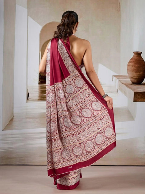 Women's Satin Crepe Printed Saree With Unstitched Blouse 5.5Mtr (Maroon)
