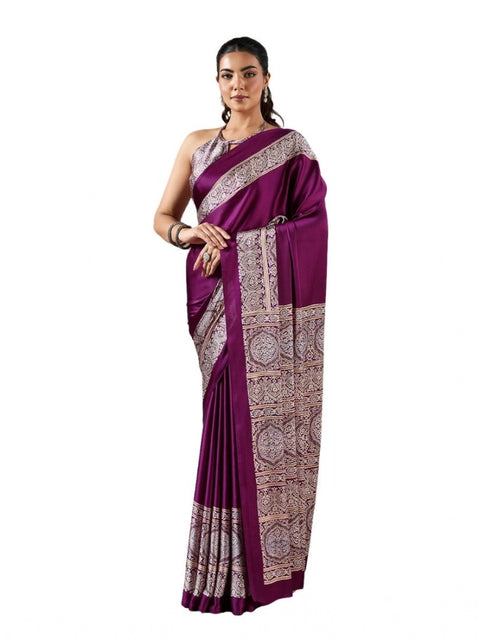 Women's Satin Crepe Printed Saree With Unstitched Blouse 5.5Mtr (Purple)
