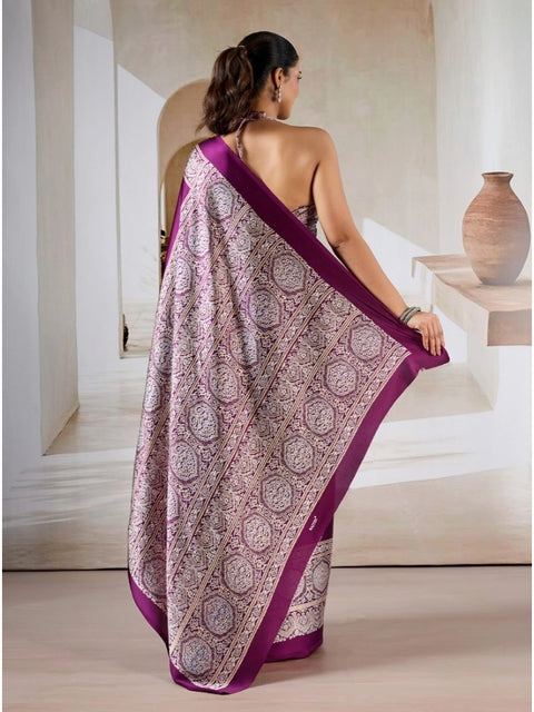 Women's Satin Crepe Printed Saree With Unstitched Blouse 5.5Mtr (Purple)