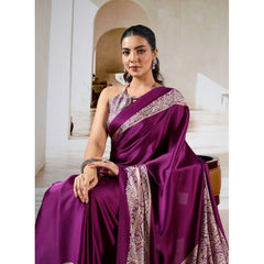 Generic Women's Satin Crepe Printed Saree With Unstitched Blouse 5.5Mtr (Purple)