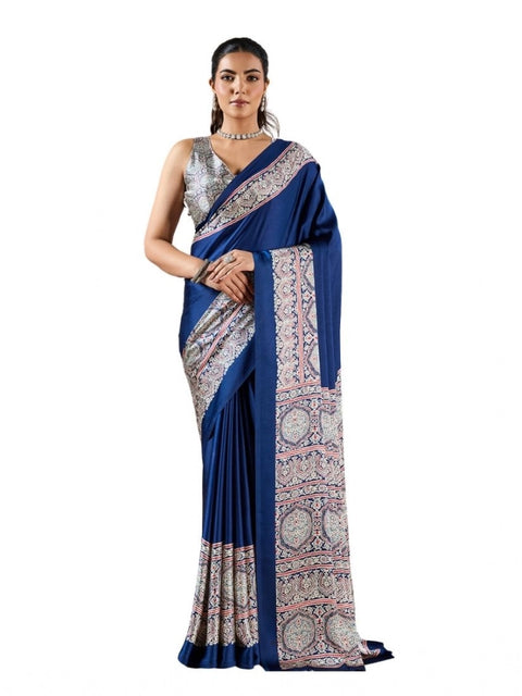 Women's Satin Crepe Printed Saree With Unstitched Blouse 5.5Mtr (Blue)