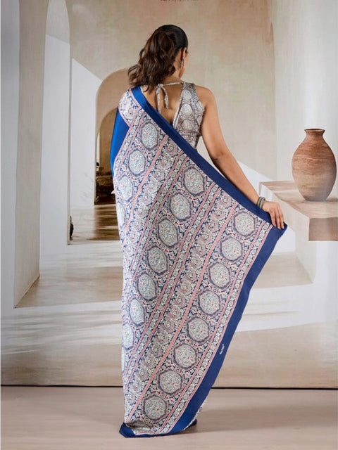 Women's Satin Crepe Printed Saree With Unstitched Blouse 5.5Mtr (Blue)