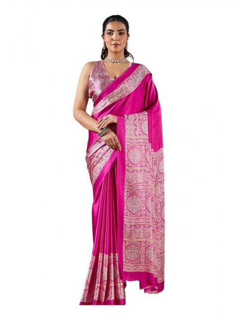 Women's Satin Crepe Printed Saree With Unstitched Blouse 5.5Mtr (Pink)