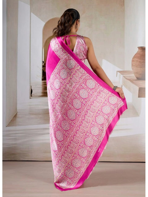 Women's Satin Crepe Printed Saree With Unstitched Blouse 5.5Mtr (Pink)