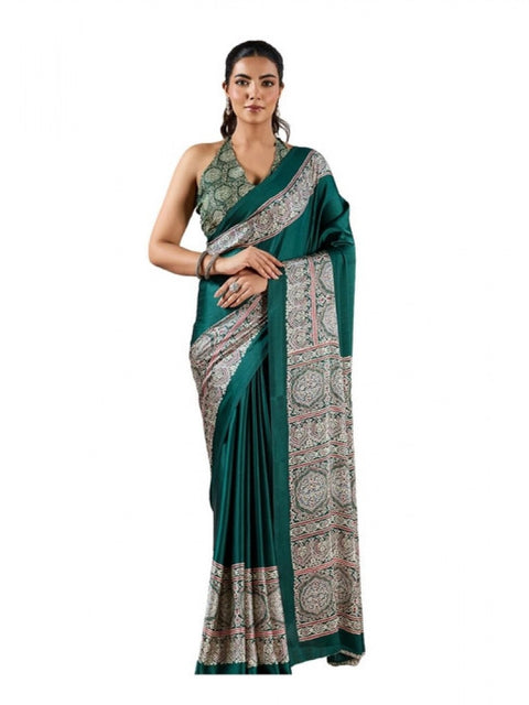 Women's Satin Crepe Printed Saree With Unstitched Blouse 5.5Mtr (Green)