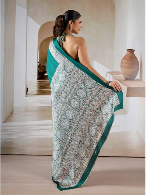 Women's Satin Crepe Printed Saree With Unstitched Blouse 5.5Mtr (Green)