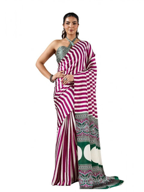 Women's Satin Crepe Printed Saree With Unstitched Blouse 5.5Mtr (Magenta)