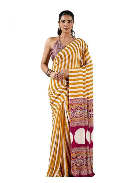 Women's Satin Crepe Printed Saree With Unstitched Blouse 5.5Mtr (Mustard)
