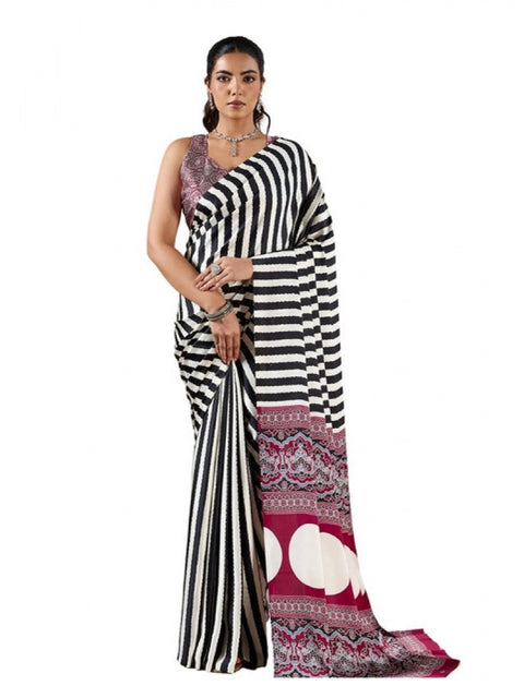 Women's Satin Crepe Printed Saree With Unstitched Blouse 5.5Mtr (Black)