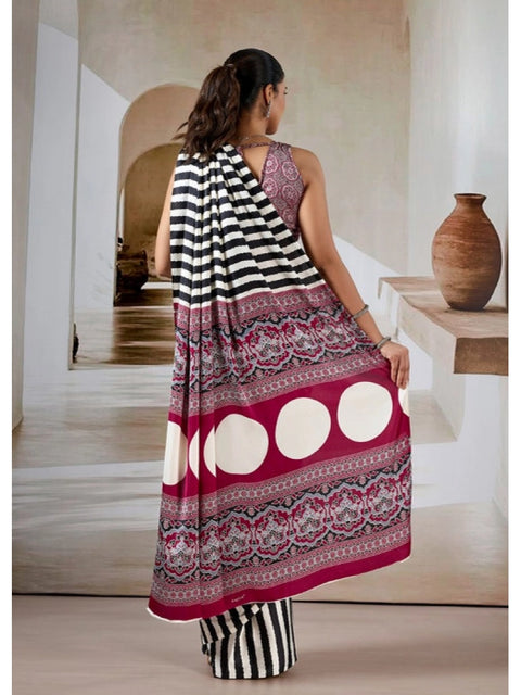 Women's Satin Crepe Printed Saree With Unstitched Blouse 5.5Mtr (Black)