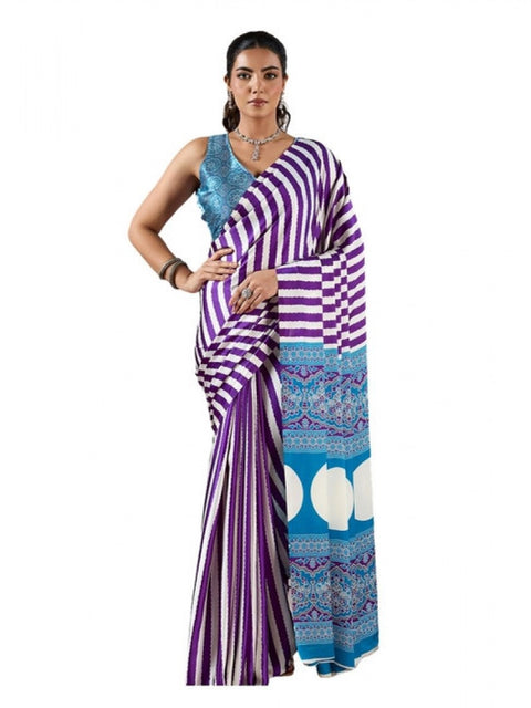 Women's Satin Crepe Printed Saree With Unstitched Blouse 5.5Mtr (Purple)