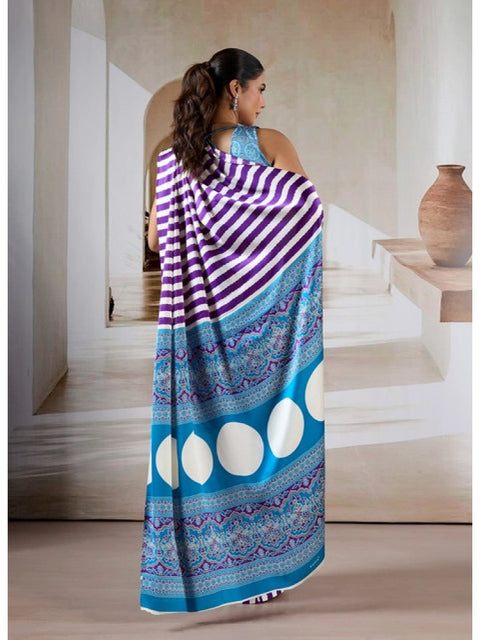 Women's Satin Crepe Printed Saree With Unstitched Blouse 5.5Mtr (Purple)