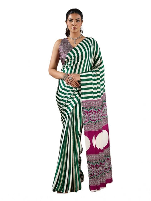 Women's Satin Crepe Printed Saree With Unstitched Blouse 5.5Mtr (Green)