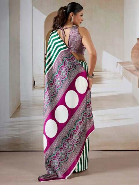 Women's Satin Crepe Printed Saree With Unstitched Blouse 5.5Mtr (Green)