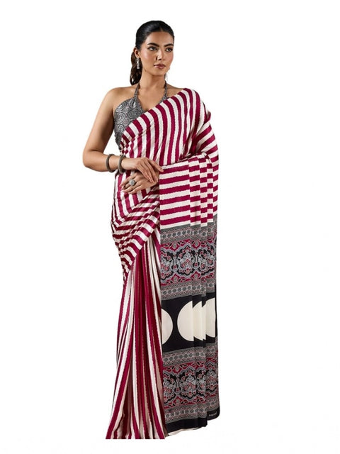 Women's Satin Crepe Printed Saree With Unstitched Blouse 5.5Mtr (Maroon)