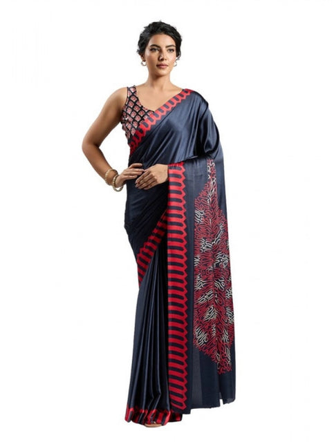 Women's Satin Crepe Printed Saree With Unstitched Blouse 5.5Mtr (Navy Blue)