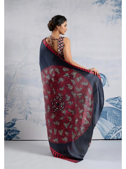 Women's Satin Crepe Printed Saree With Unstitched Blouse 5.5Mtr (Navy Blue)