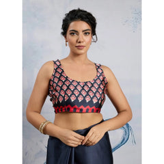 Generic Women's Satin Crepe Printed Saree With Unstitched Blouse 5.5Mtr (Navy Blue)