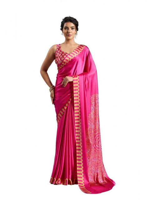 Women's Satin Crepe Printed Saree With Unstitched Blouse 5.5Mtr (Pink)
