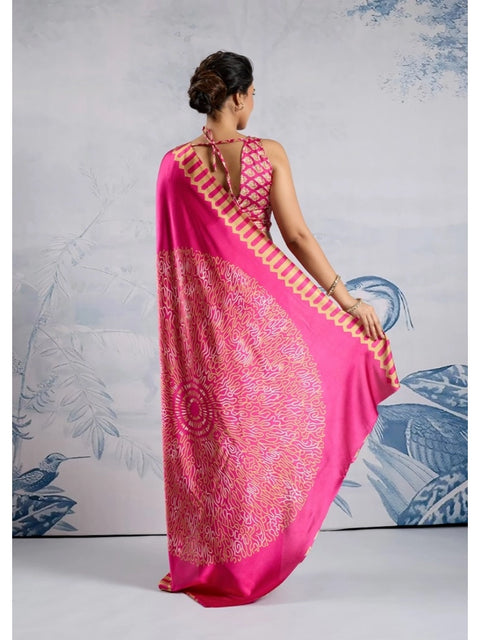 Women's Satin Crepe Printed Saree With Unstitched Blouse 5.5Mtr (Pink)