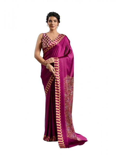 Women's Satin Crepe Printed Saree With Unstitched Blouse 5.5Mtr (Purple)