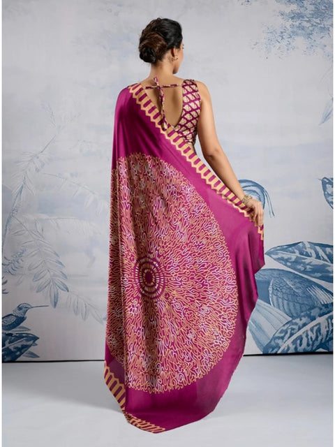 Women's Satin Crepe Printed Saree With Unstitched Blouse 5.5Mtr (Purple)