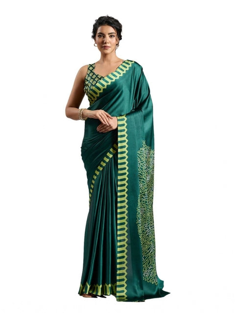 Women's Satin Crepe Printed Saree With Unstitched Blouse 5.5Mtr (Green)
