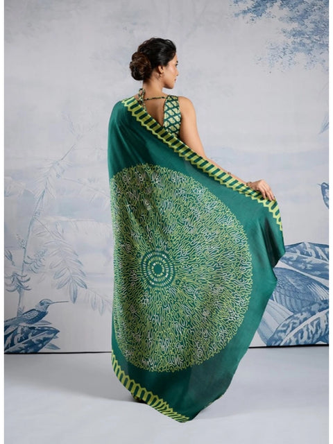 Women's Satin Crepe Printed Saree With Unstitched Blouse 5.5Mtr (Green)