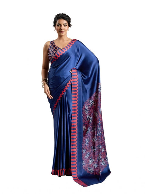 Women's Satin Crepe Printed Saree With Unstitched Blouse 5.5Mtr (Blue)