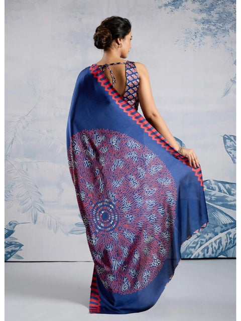 Women's Satin Crepe Printed Saree With Unstitched Blouse 5.5Mtr (Blue)