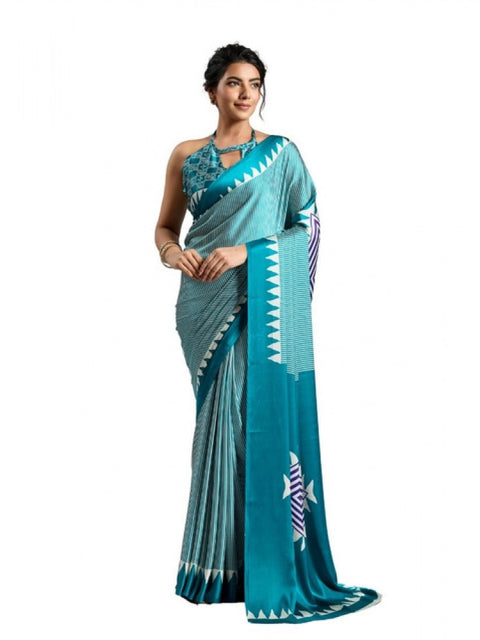 Women's Satin Crepe Printed Saree With Unstitched Blouse 5.5Mtr (Rama Blue)