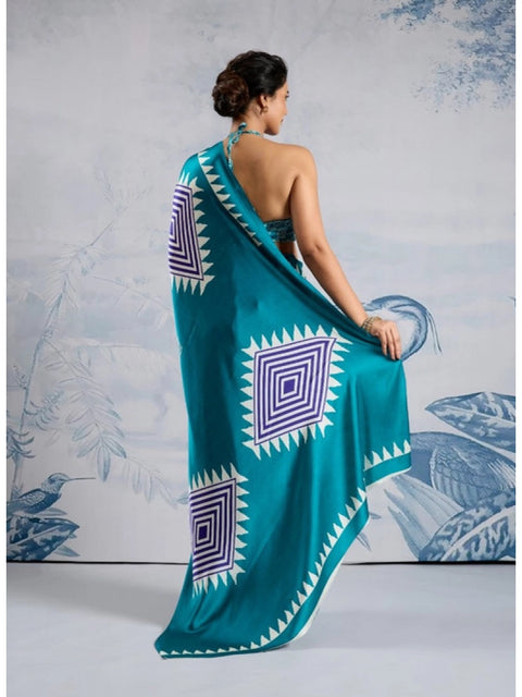 Women's Satin Crepe Printed Saree With Unstitched Blouse 5.5Mtr (Rama Blue)