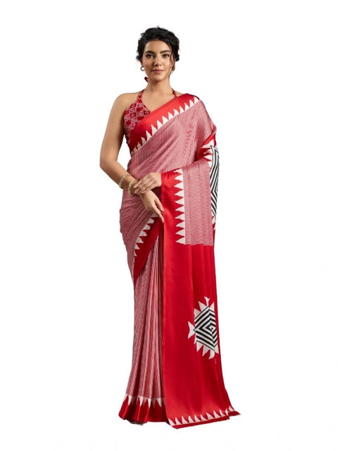Women's Satin Crepe Printed Saree With Unstitched Blouse 5.5Mtr (Red)