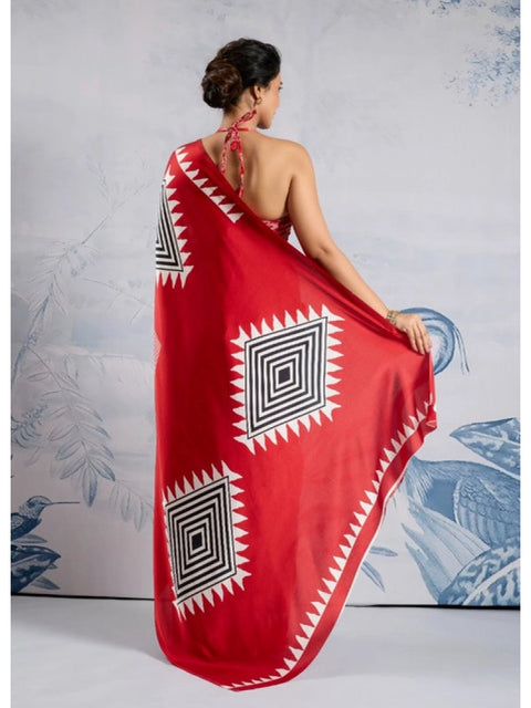 Women's Satin Crepe Printed Saree With Unstitched Blouse 5.5Mtr (Red)