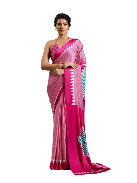 Women's Satin Crepe Printed Saree With Unstitched Blouse 5.5Mtr (Pink)