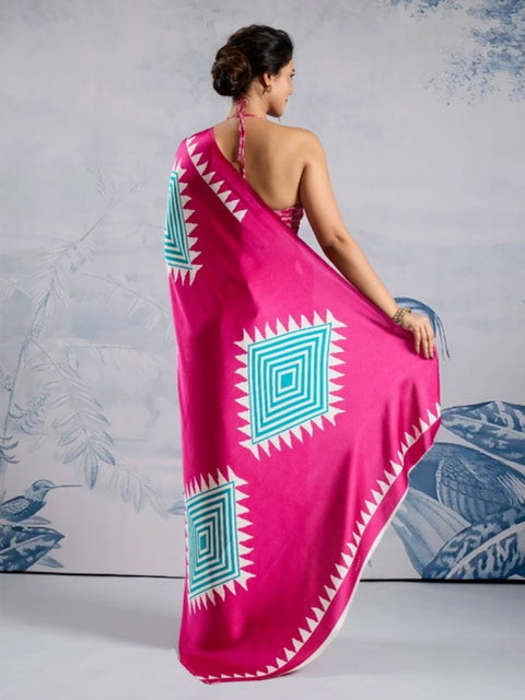 Women's Satin Crepe Printed Saree With Unstitched Blouse 5.5Mtr (Pink)