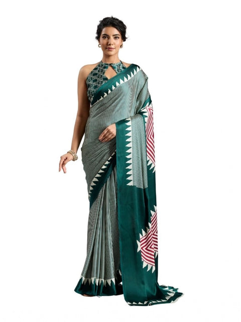 Women's Satin Crepe Printed Saree With Unstitched Blouse 5.5Mtr (Green)