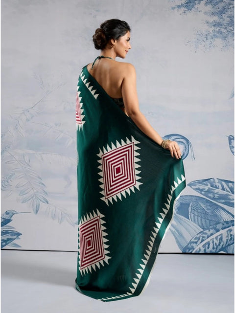 Women's Satin Crepe Printed Saree With Unstitched Blouse 5.5Mtr (Green)