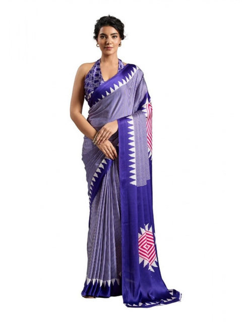 Women's Satin Crepe Printed Saree With Unstitched Blouse 5.5Mtr (Purple)