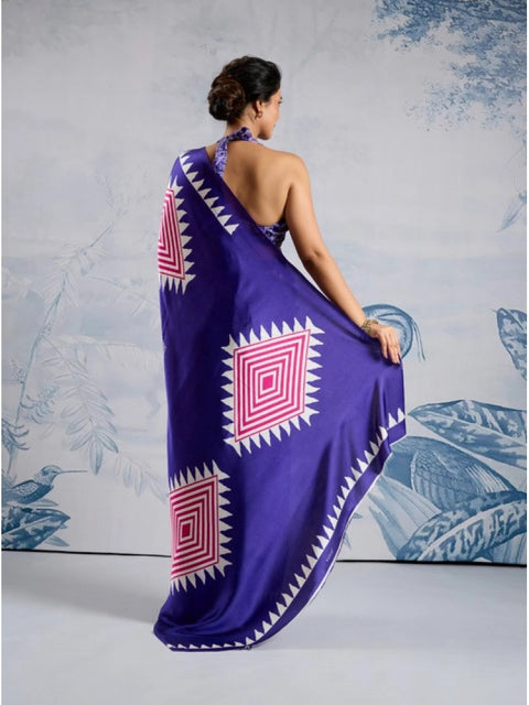 Women's Satin Crepe Printed Saree With Unstitched Blouse 5.5Mtr (Purple)