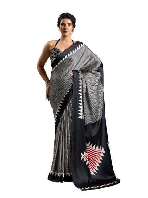 Women's Satin Crepe Printed Saree With Unstitched Blouse 5.5Mtr (Black)