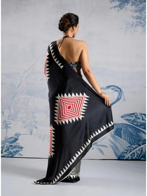 Women's Satin Crepe Printed Saree With Unstitched Blouse 5.5Mtr (Black)