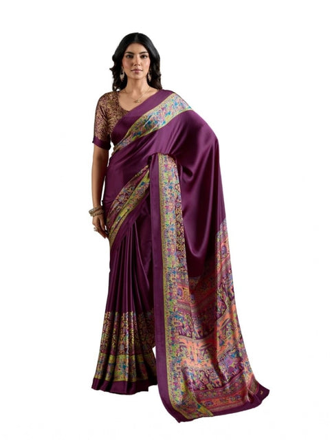 Women's Satin Crepe Printed Saree With Unstitched Blouse 5.5Mtr (Purple)