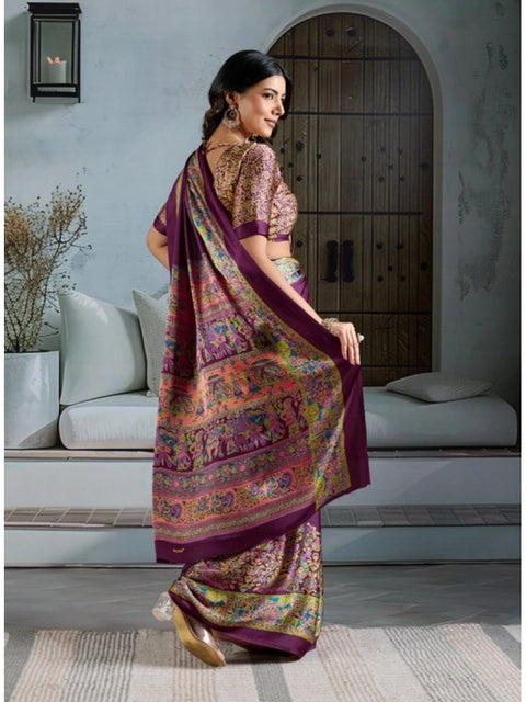 Women's Satin Crepe Printed Saree With Unstitched Blouse 5.5Mtr (Purple)