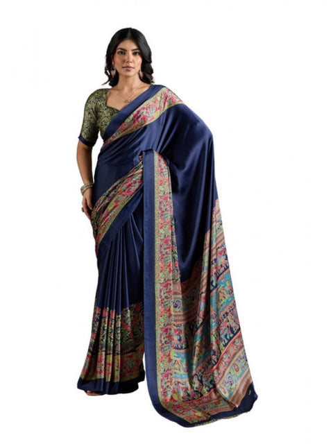 Women's Satin Crepe Printed Saree With Unstitched Blouse 5.5Mtr (Navy Blue)
